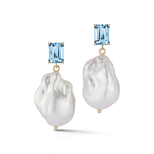 14kt Blue Topaz Baroque Pearl Drop Earrings