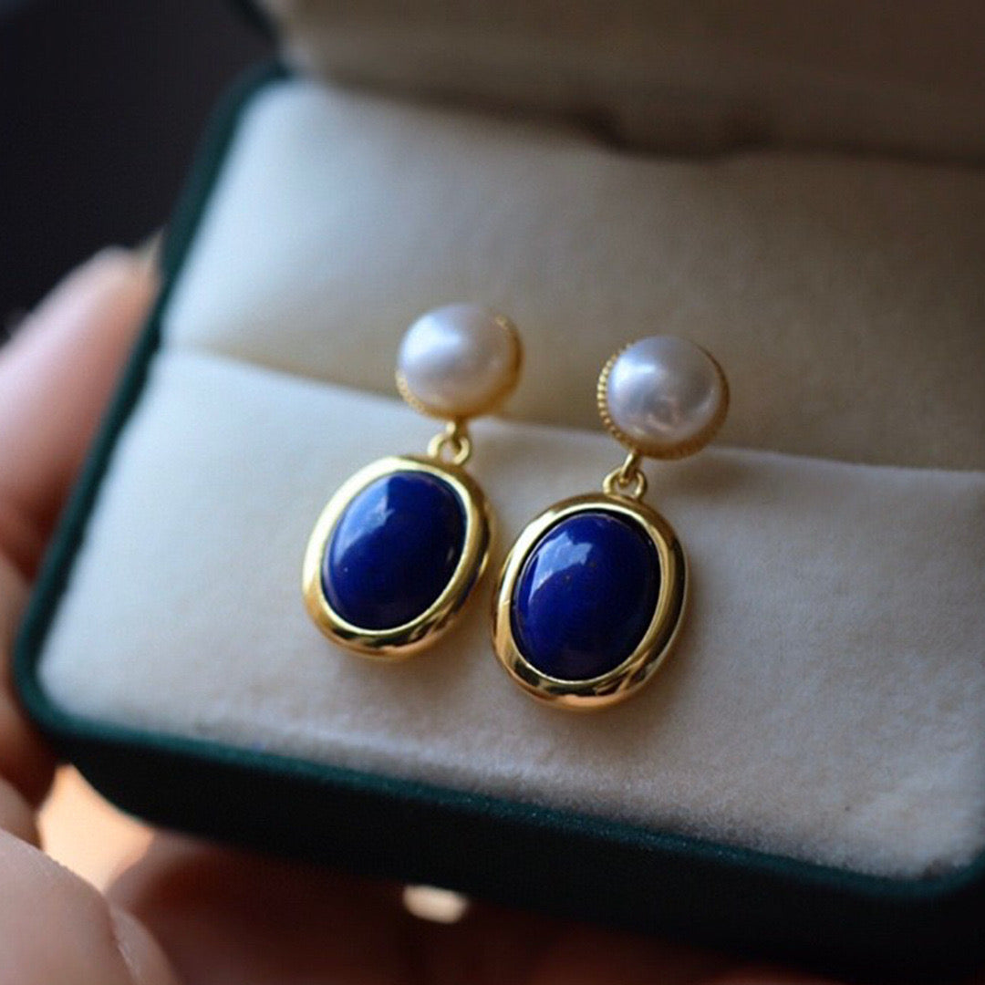 Blue Lapis Lazuli and Pearl Drop Earrings