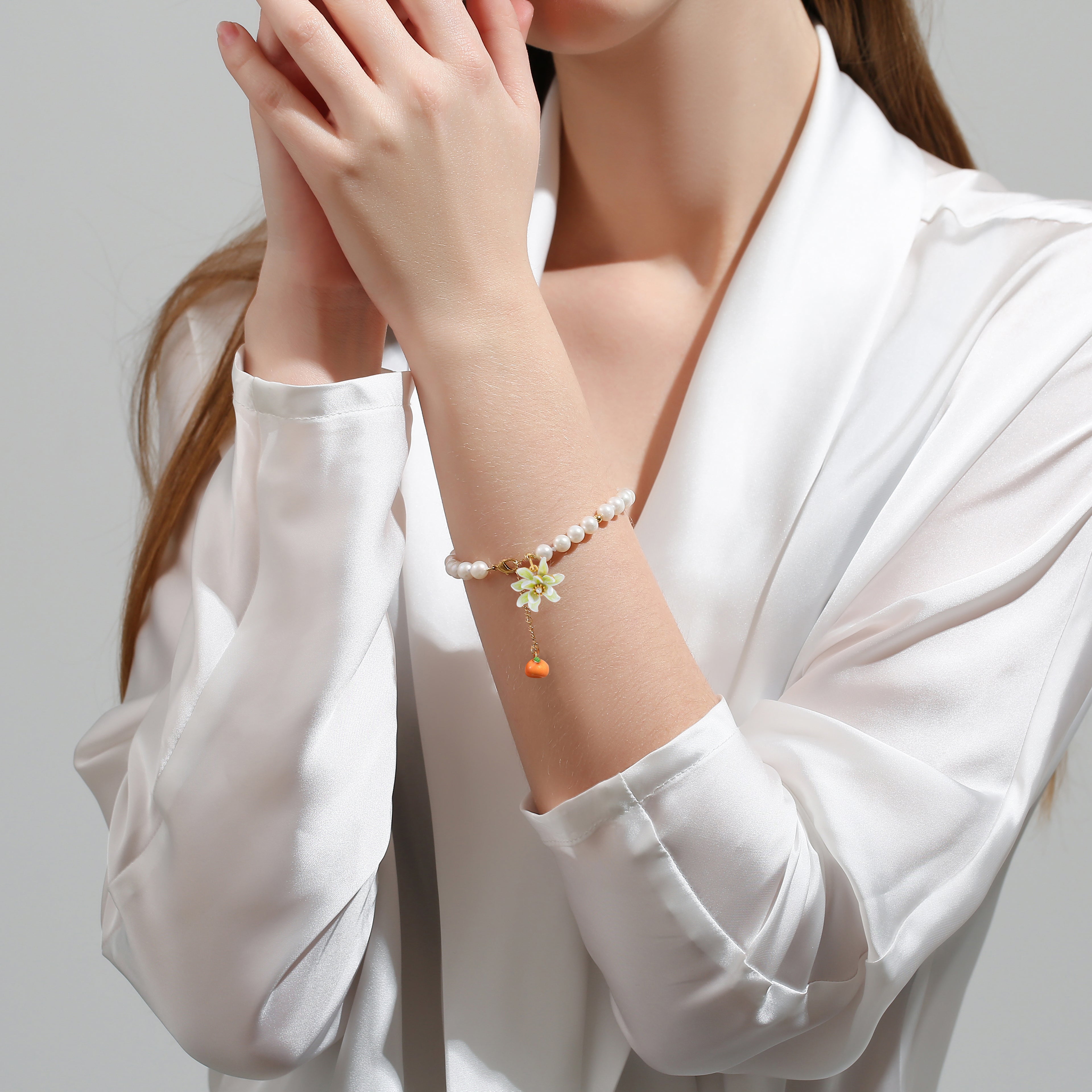 Orange Flower Pearl Bracelet