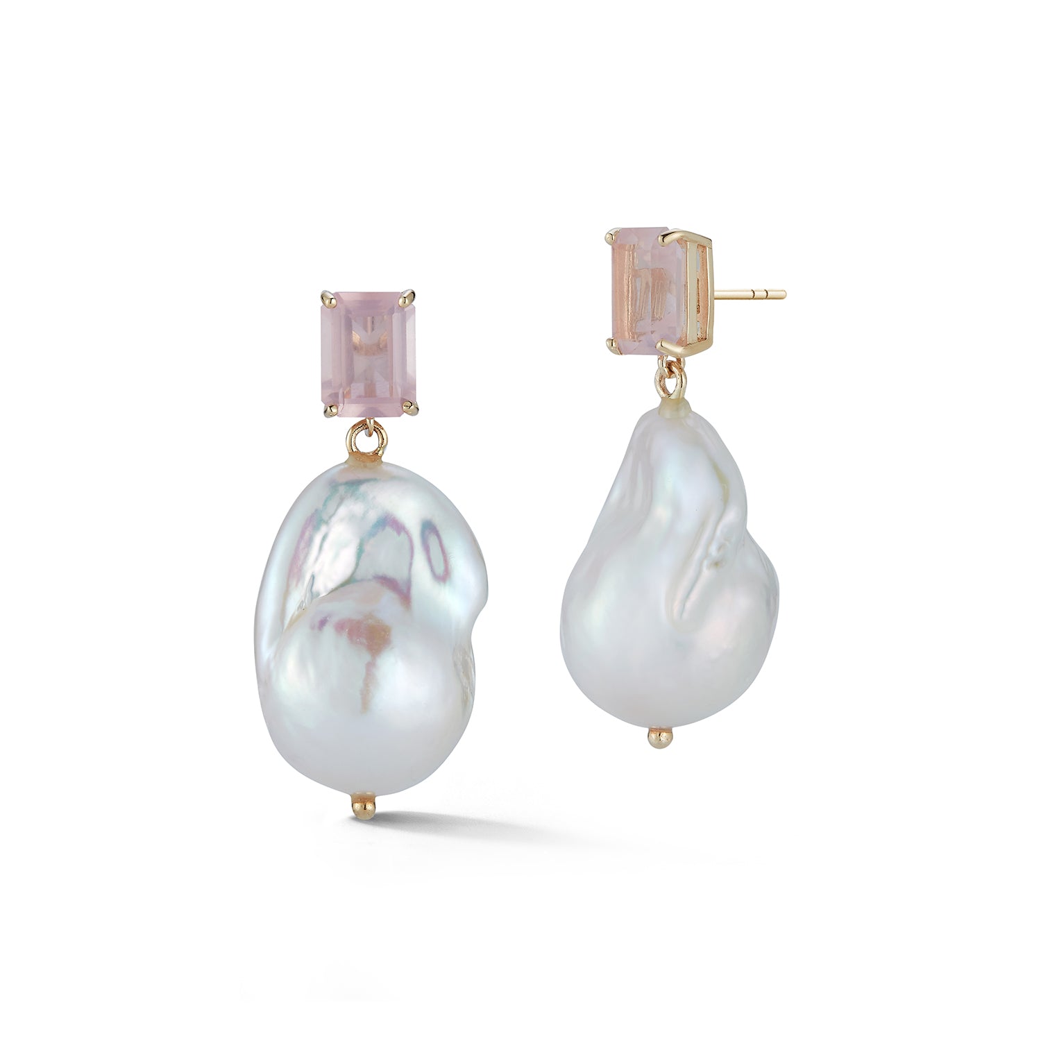 14kt Rose Quartz and Baroque Pearl Drop Earrings