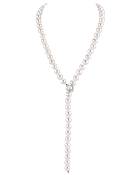 White Freshwater Pearl and Diamond Y-Shape Necklace 1