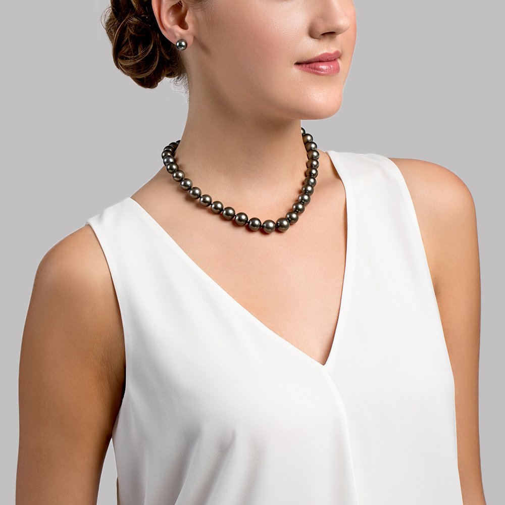 True Round Black Tahitian Pearl Necklace 10.0-12.0mm