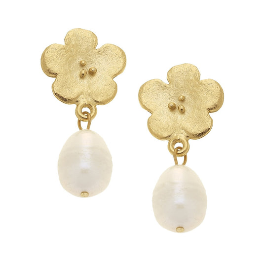 Elegant Pearl Drop Earrings with Poppy Design