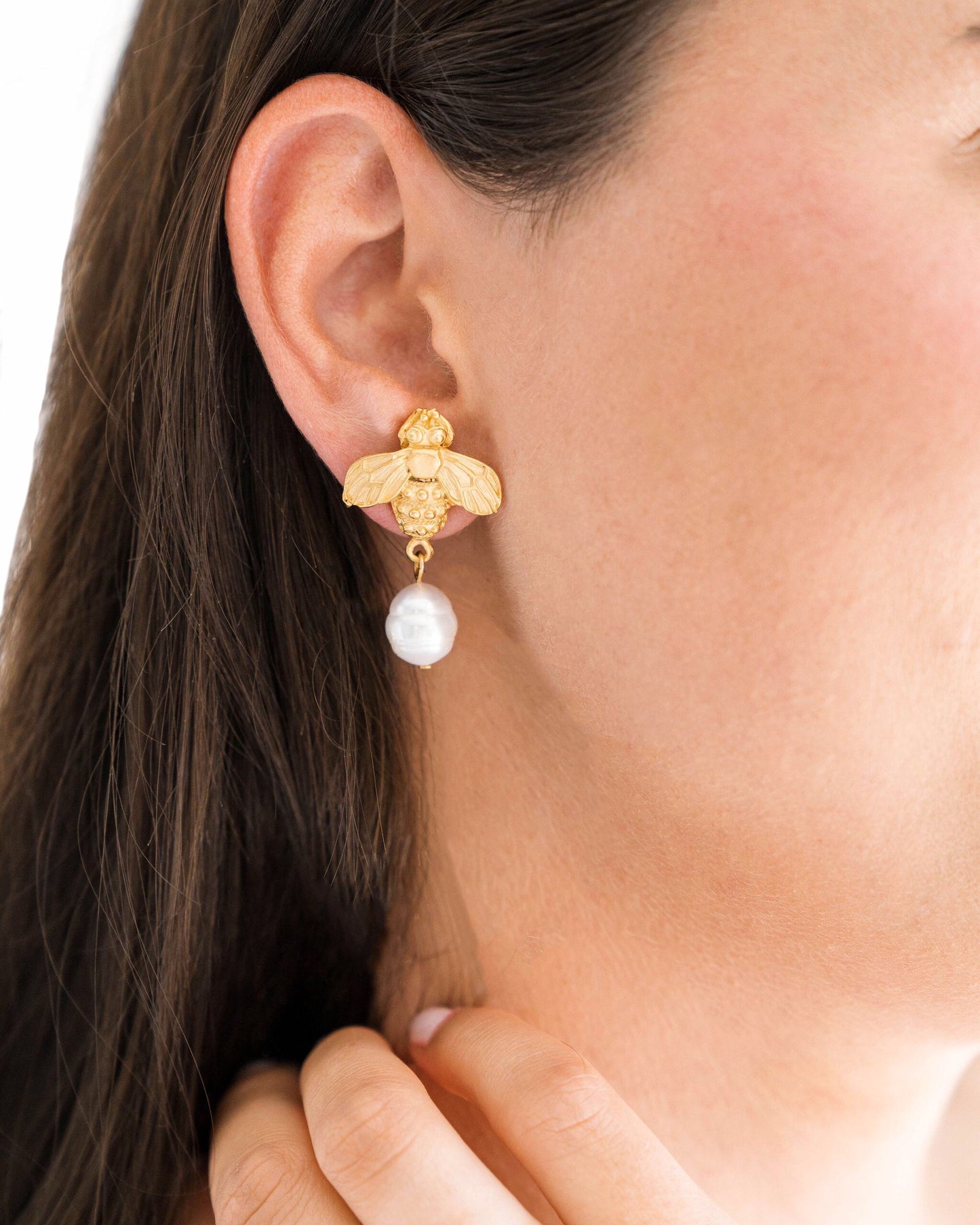 Pearl Drop Earrings with Bee Design