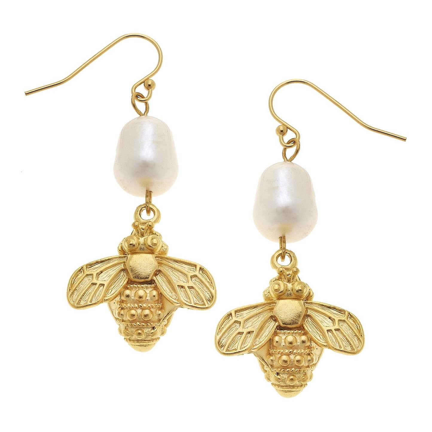 Pearl and Bee Design Wire Drop Earrings