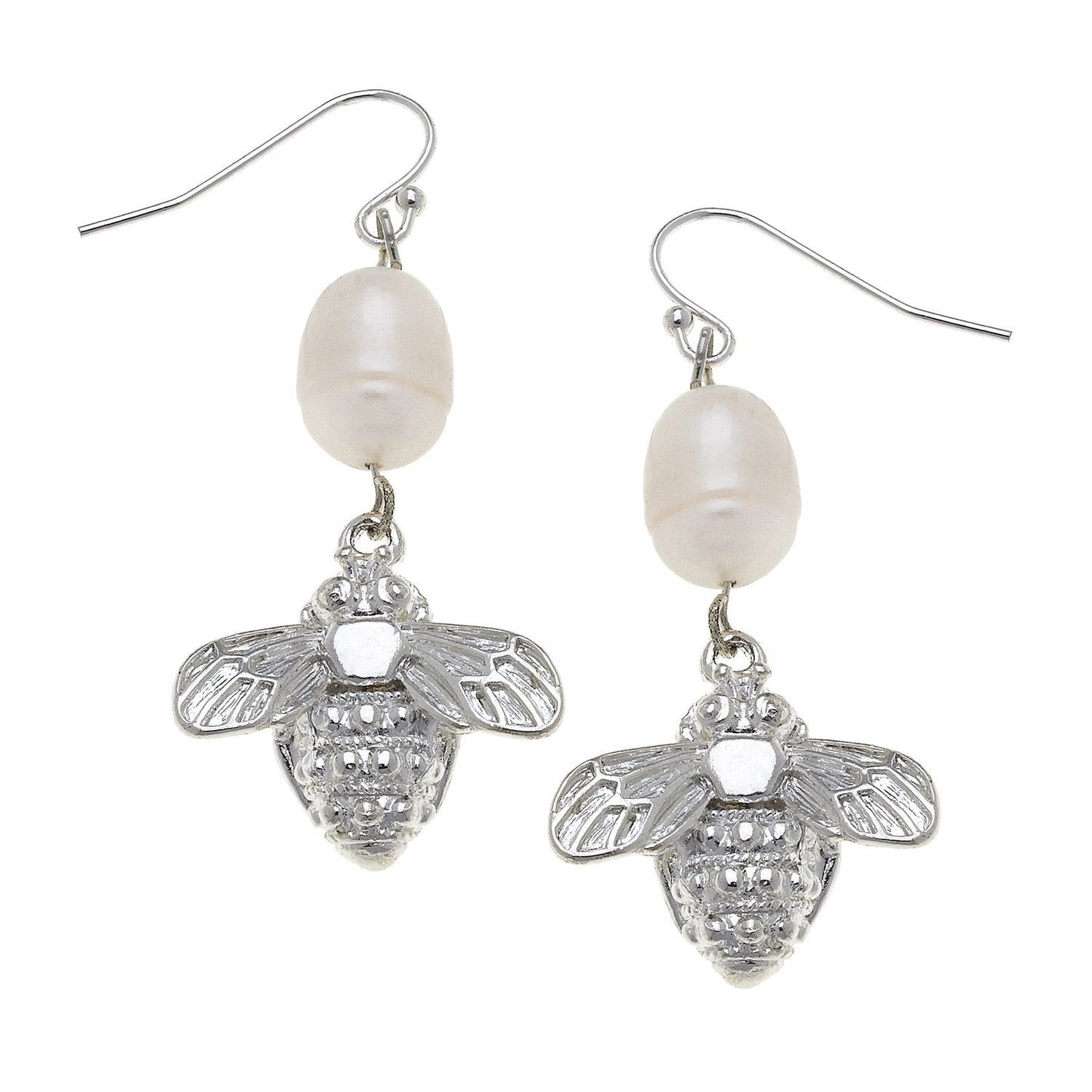 Pearl and Bee Design Wire Drop Earrings