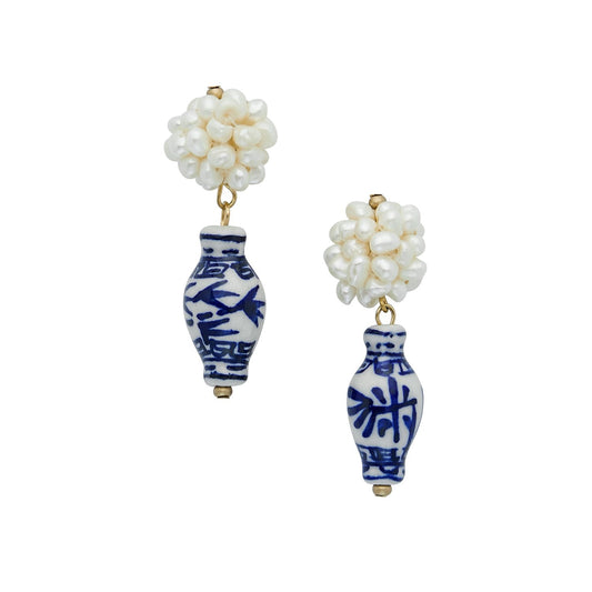 Blue and White Pearl Cluster Drop Earrings