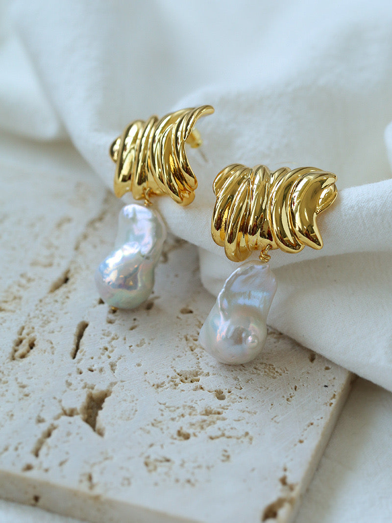 Unique Irregular Striped Baroque Pearl Earrings