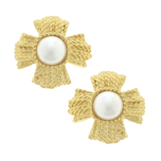 Braided Cross Design Pearl Stud Earrings