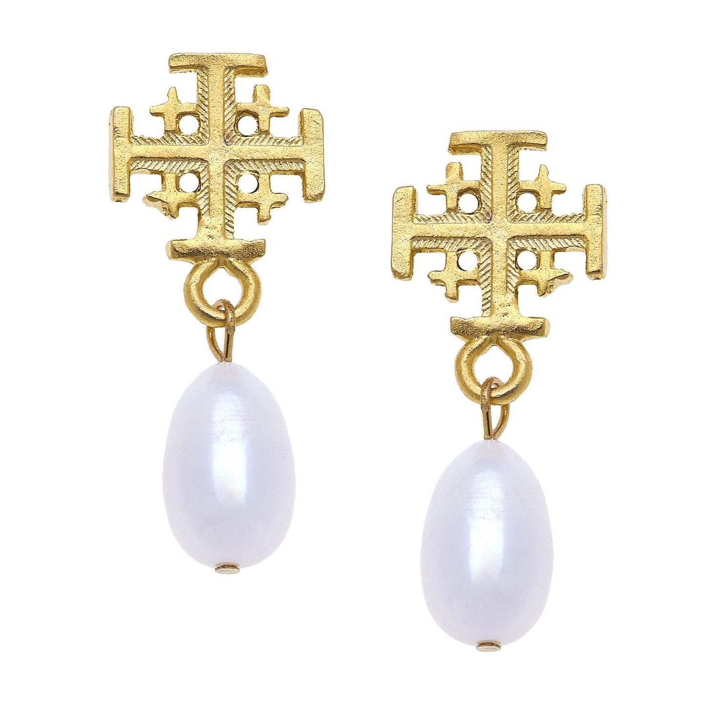 Jerusalem Cross Design Pearl Drop Earrings 1