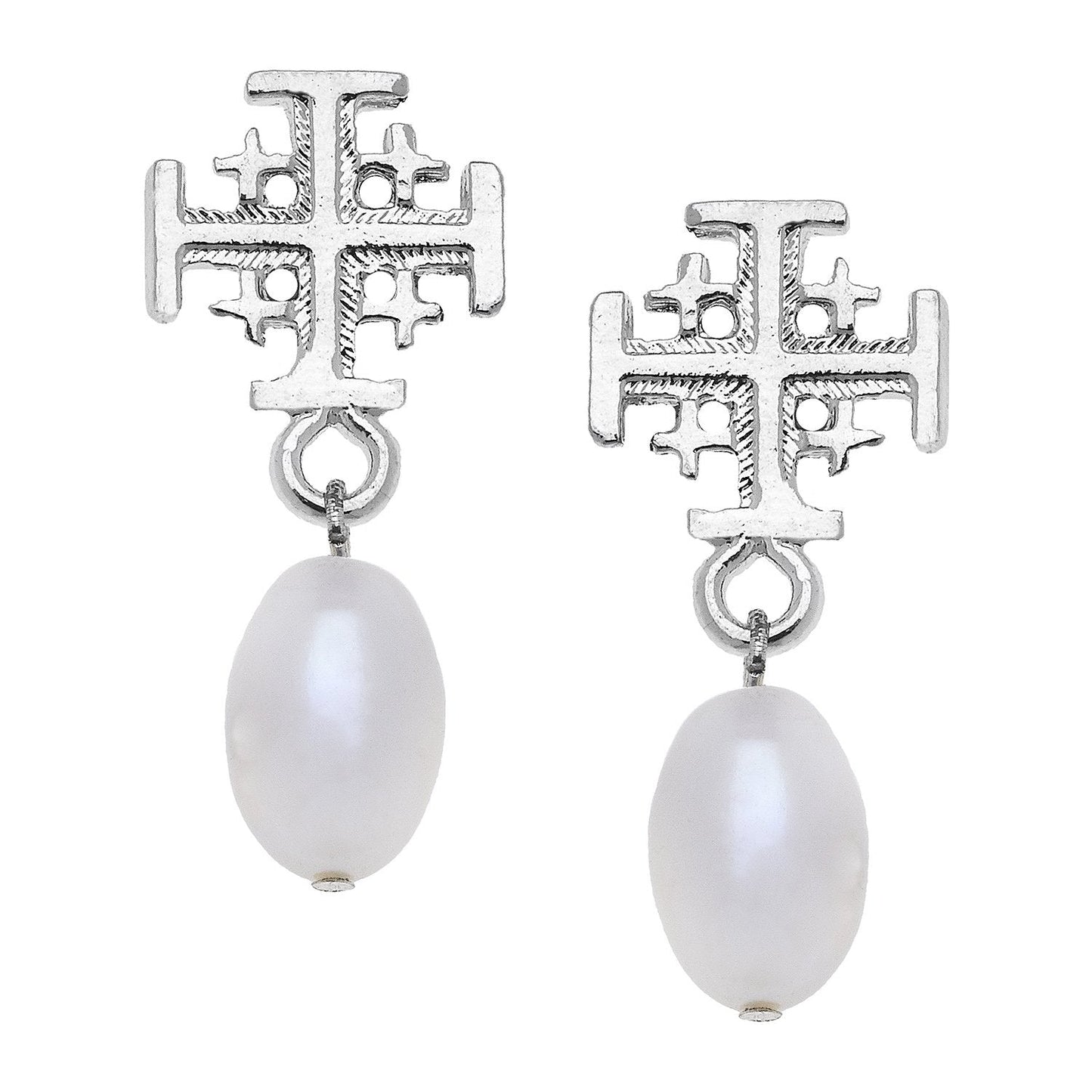 Jerusalem Cross Design Pearl Drop Earrings 1