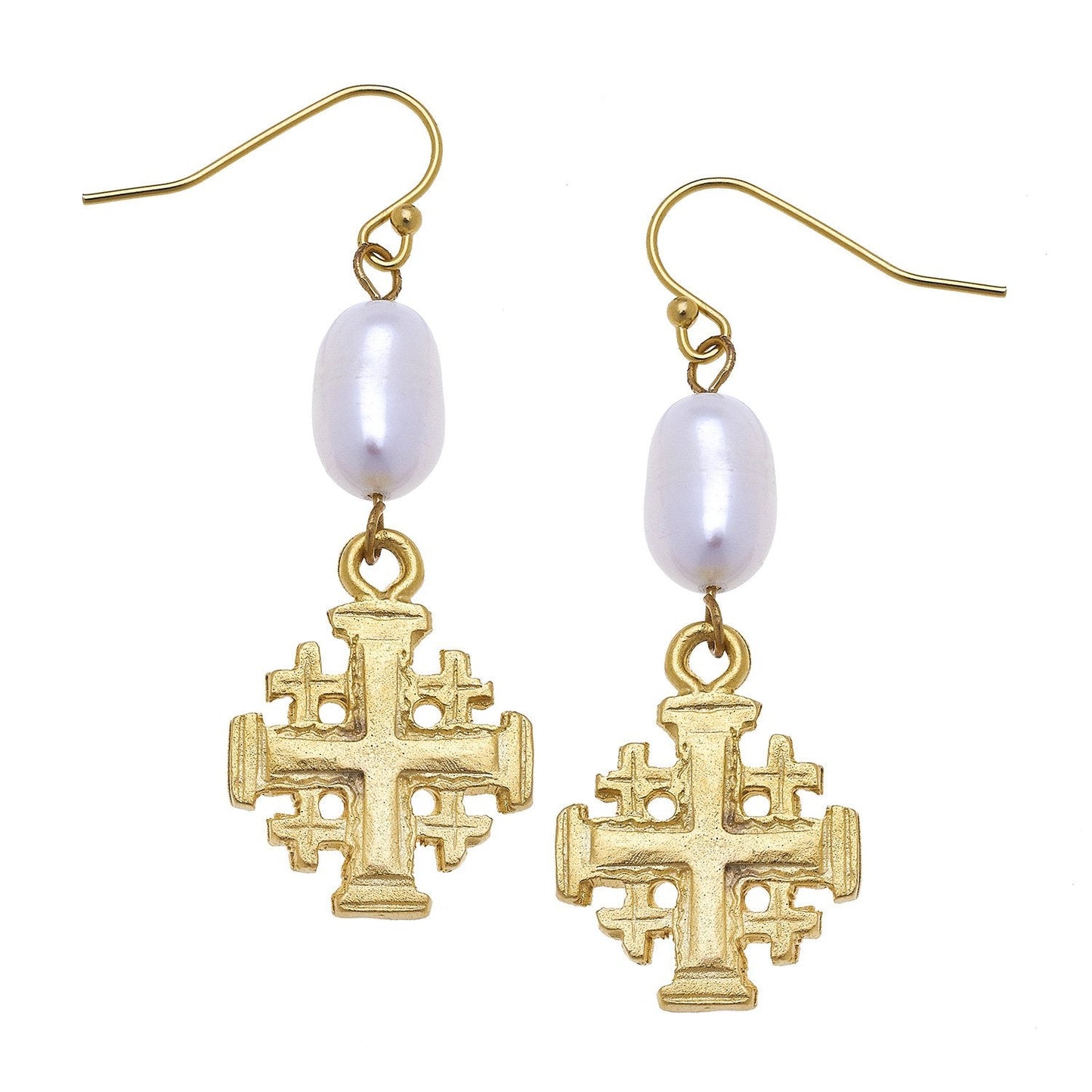 Jerusalem Cross Design Pearl Drop Earrings 2