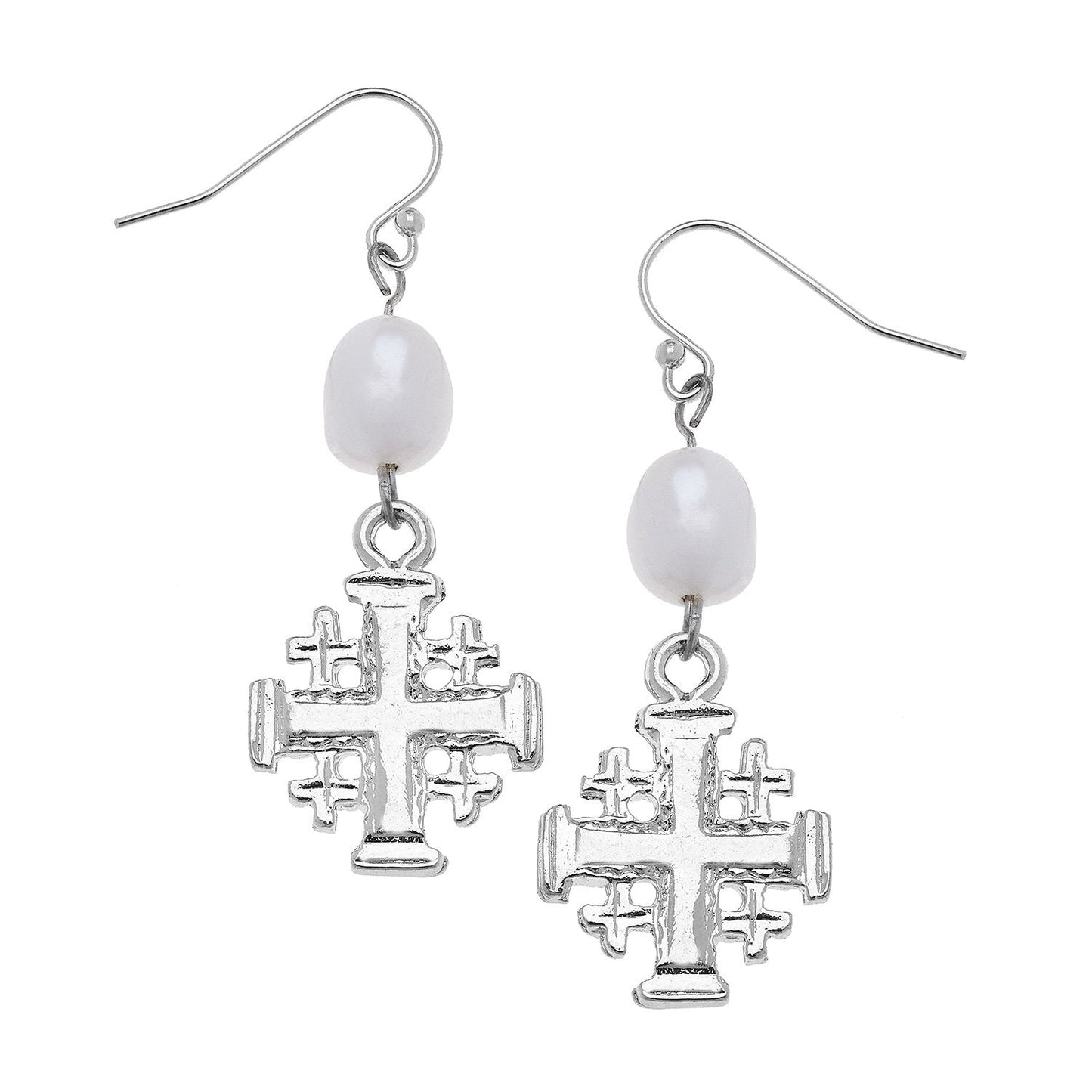 Jerusalem Cross Design Pearl Drop Earrings 2