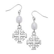 Jerusalem Cross Pearl Drop Earrings