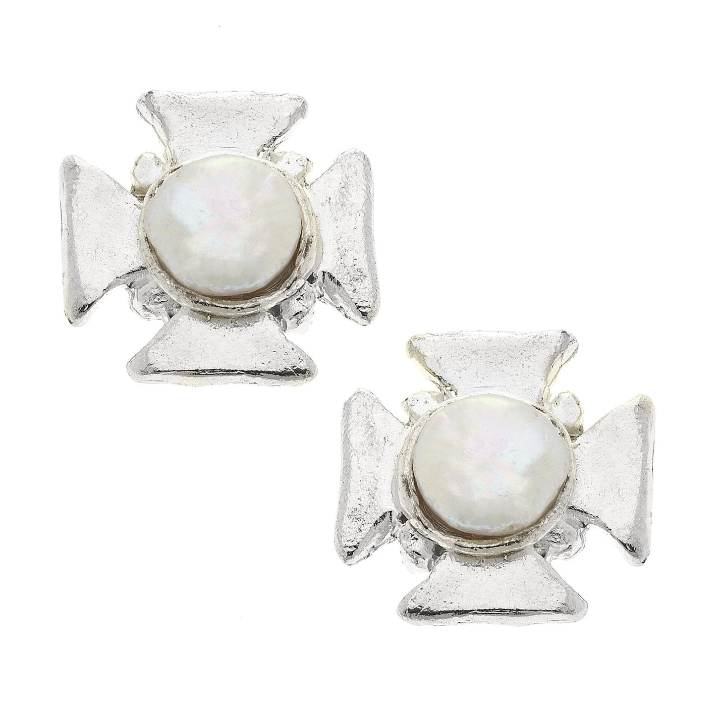 Maltese Cross Design Pearl Stud Earrings