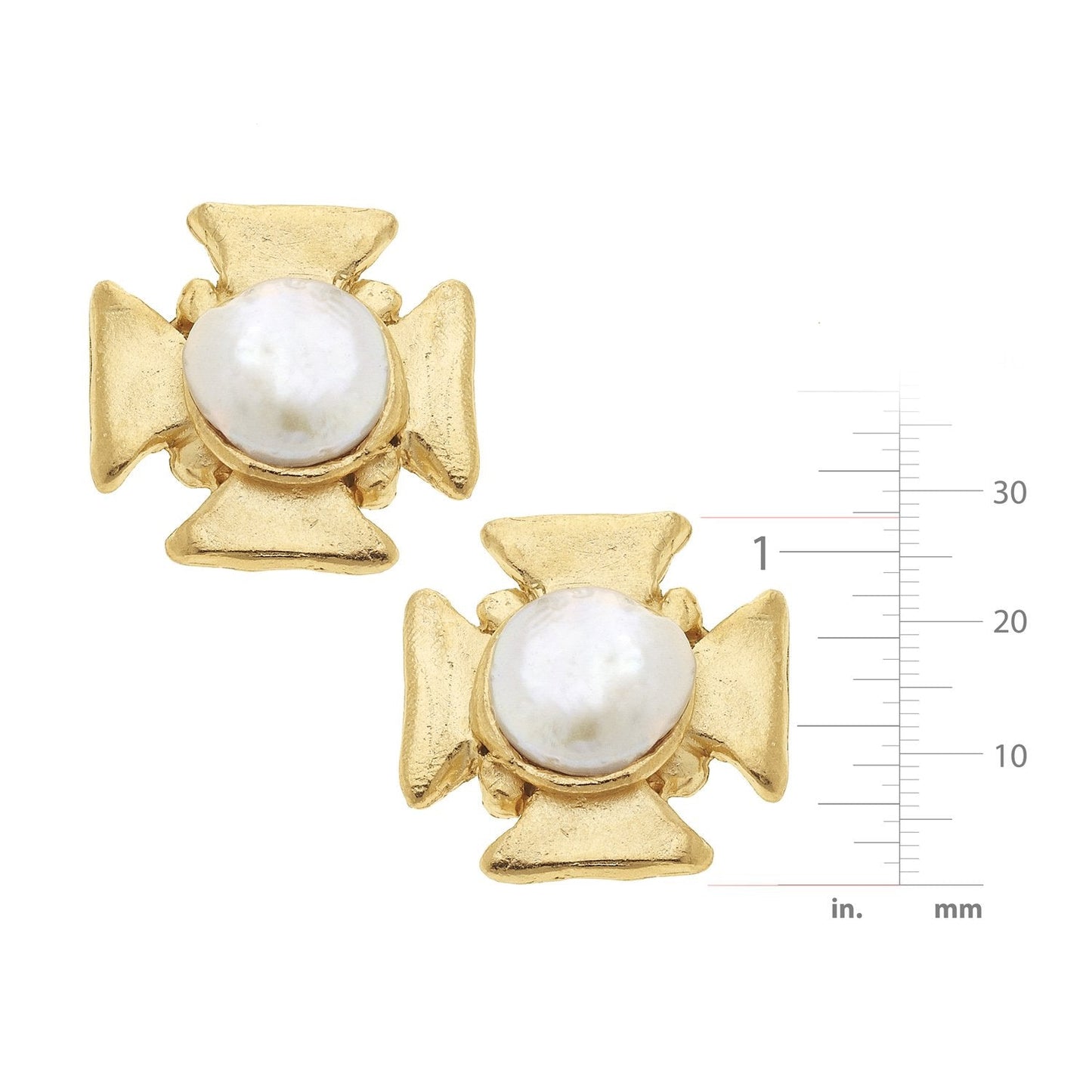 Maltese Cross Design Pearl Stud Earrings