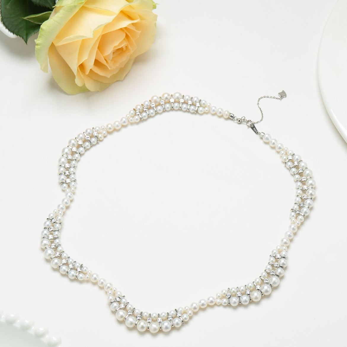 Handwoven Dual Strand Pearl and Zirconia Necklace