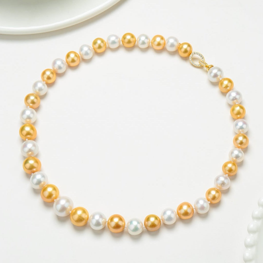 Dyed Golden and White Pearl Necklace 10-11mm