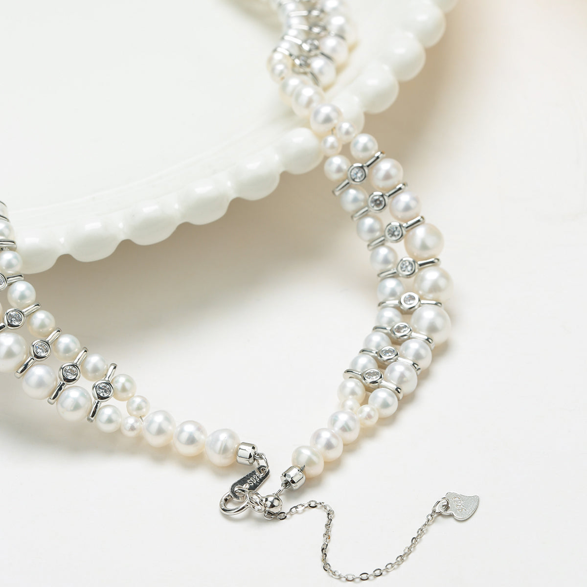 Handwoven Dual Strand Pearl and Zirconia Necklace