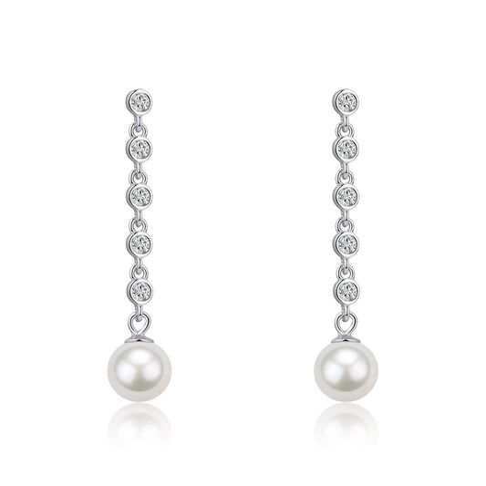 Freshwater Pearl and Long Drop Cubic Zirconia Earrings