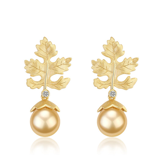 Golden South Sea Baroque Pearl Maple Leaf Earrings