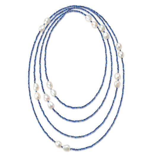 Blue Lapis Beaded Long Necklace with Baroque Pearls