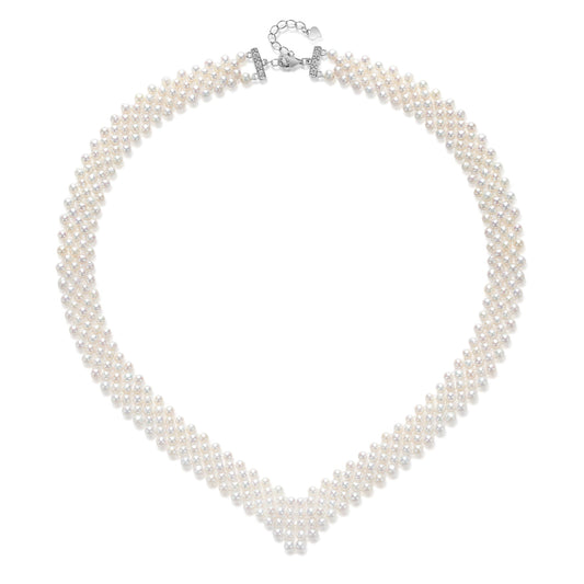 Multi-Layered V Shape Necklace with Freshwater Pearls