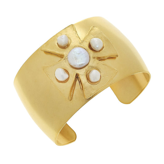 Pearl and Gold Maltese Cross Cuff Bracelet