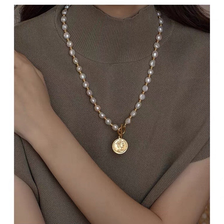 Baroque Pearl Long Necklace with Coin Pendant