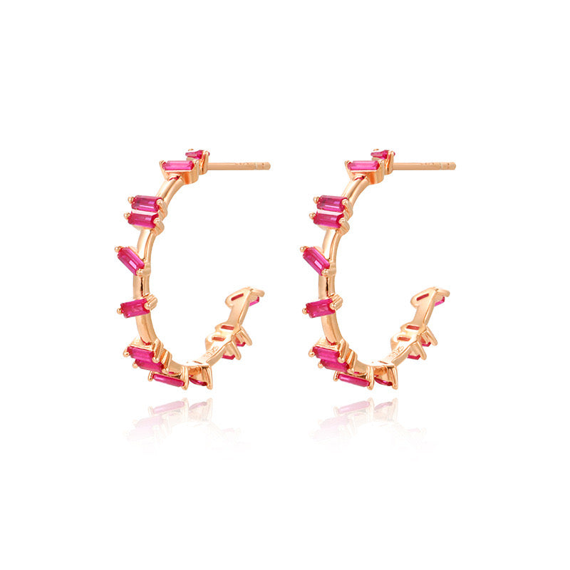 Pink Color Irregular Zirconia Hoop Earrings - Pink & White