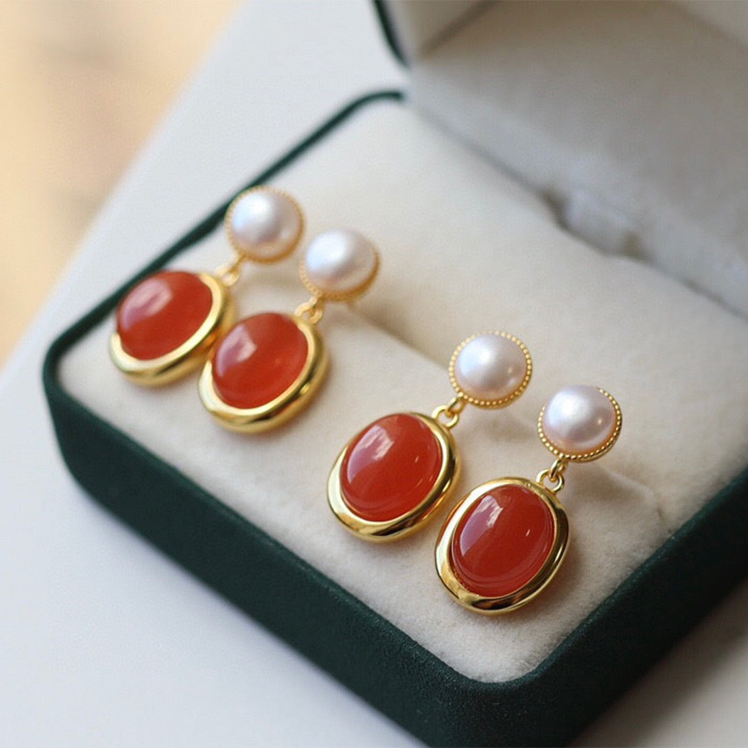 Red Agate and Pearl Drop Earrings