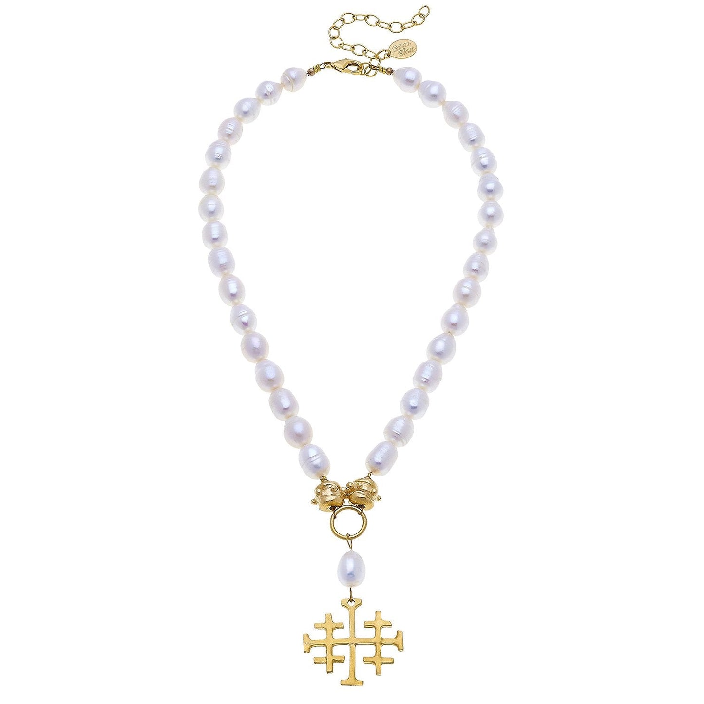 Large Jerusalem Cross Necklace with Freshwater Pearls