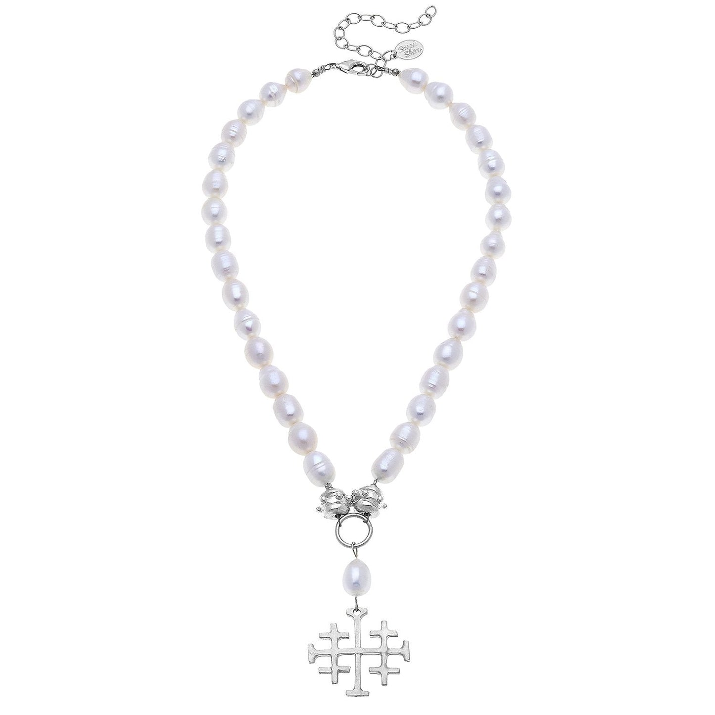 Large Jerusalem Cross Necklace with Freshwater Pearls