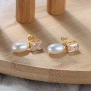 Square Zirconia Teardrop Pearl Earrings