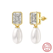 Square Zirconia Teardrop Pearl Earrings