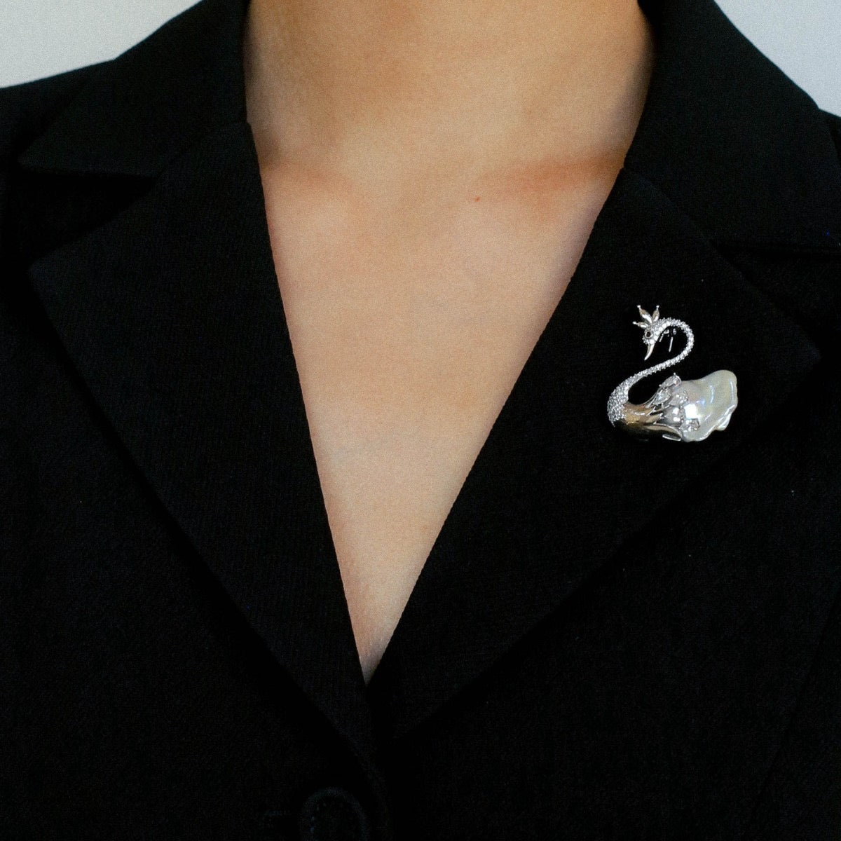 Swan Brooch with Baroque Pearl and Zirconia