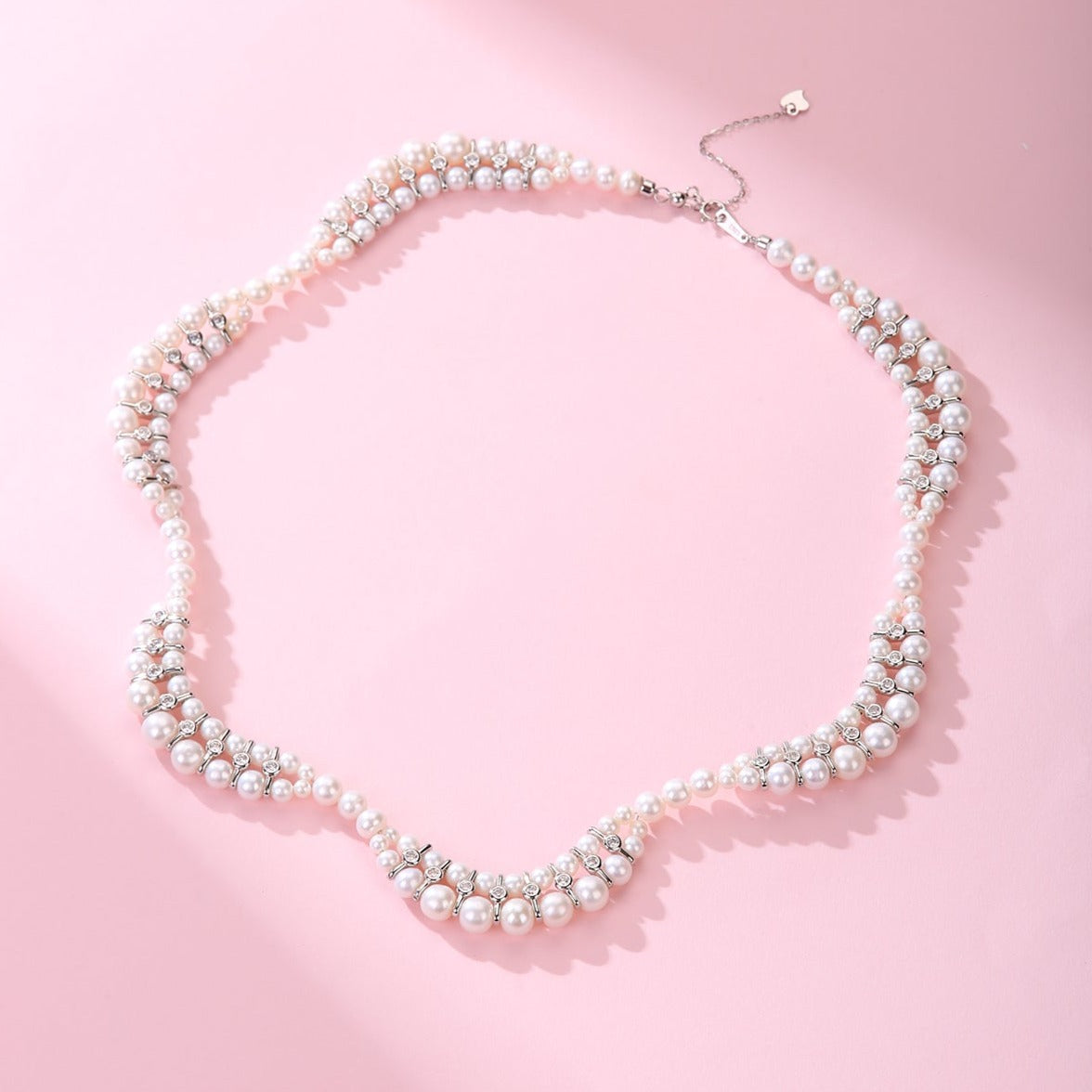 Handwoven Dual Strand Pearl and Zirconia Necklace