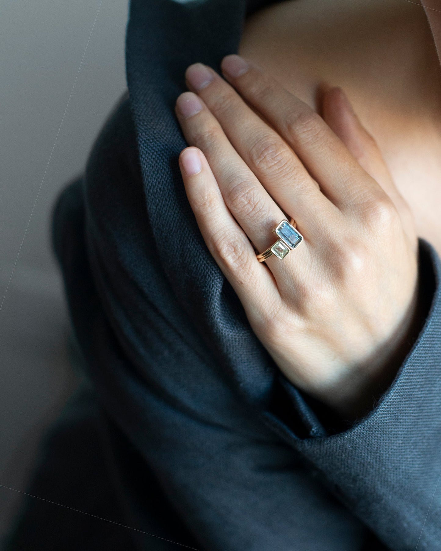 Blue Grey Tourmaline and Diamond Floating Rings in 14K