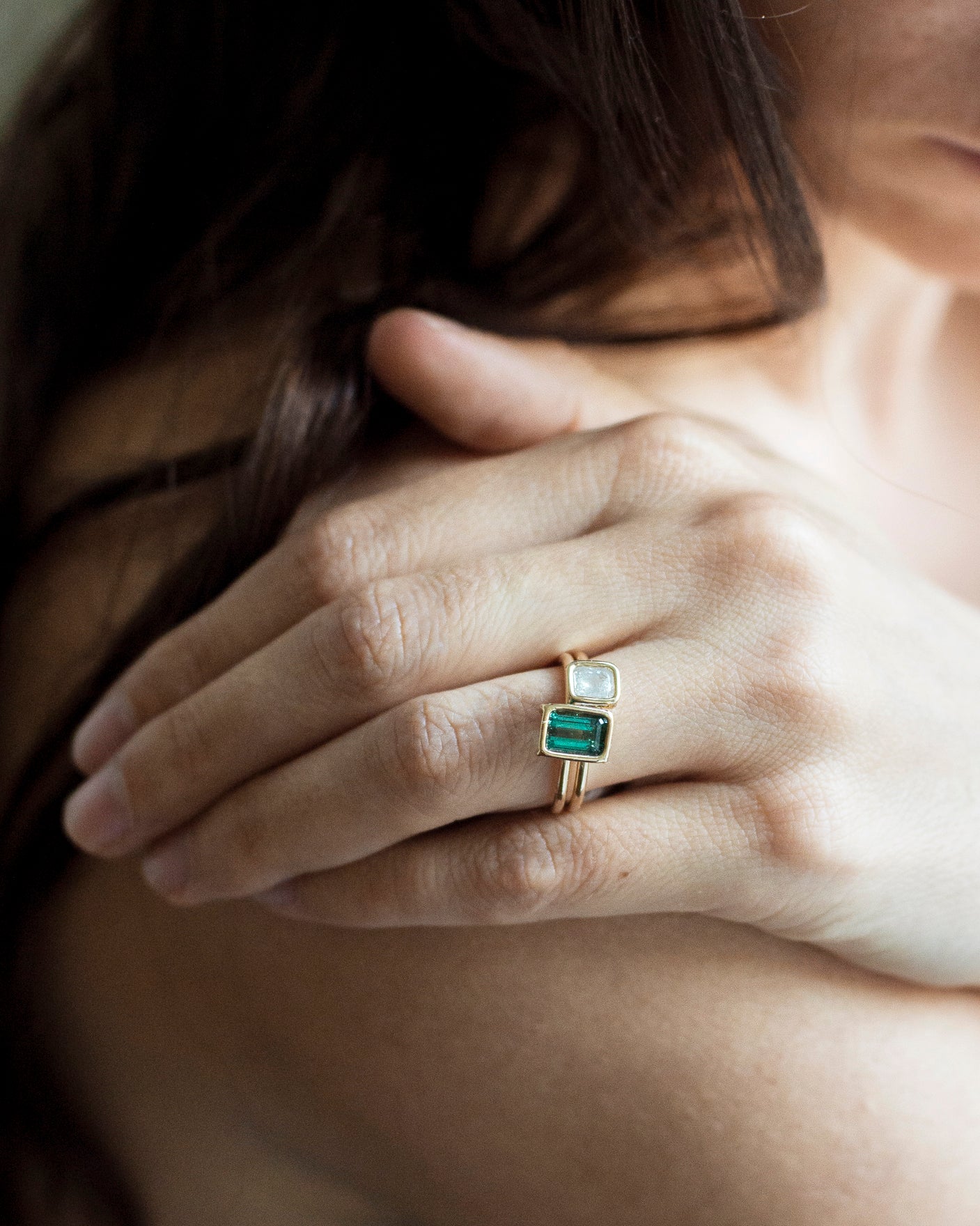 Floating 14K Green Tourmaline and Diamond Rings