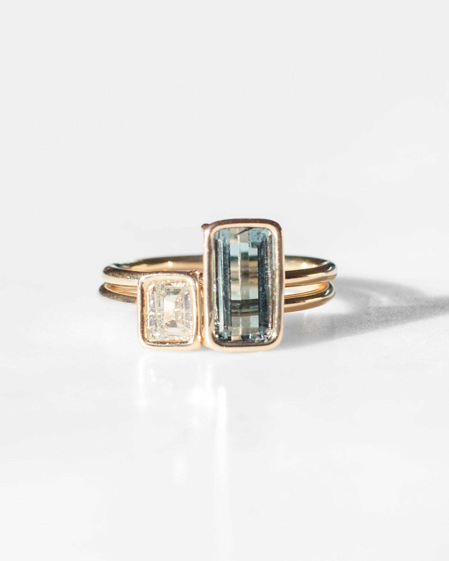 Blue Grey Tourmaline and Diamond Floating Rings in 14K