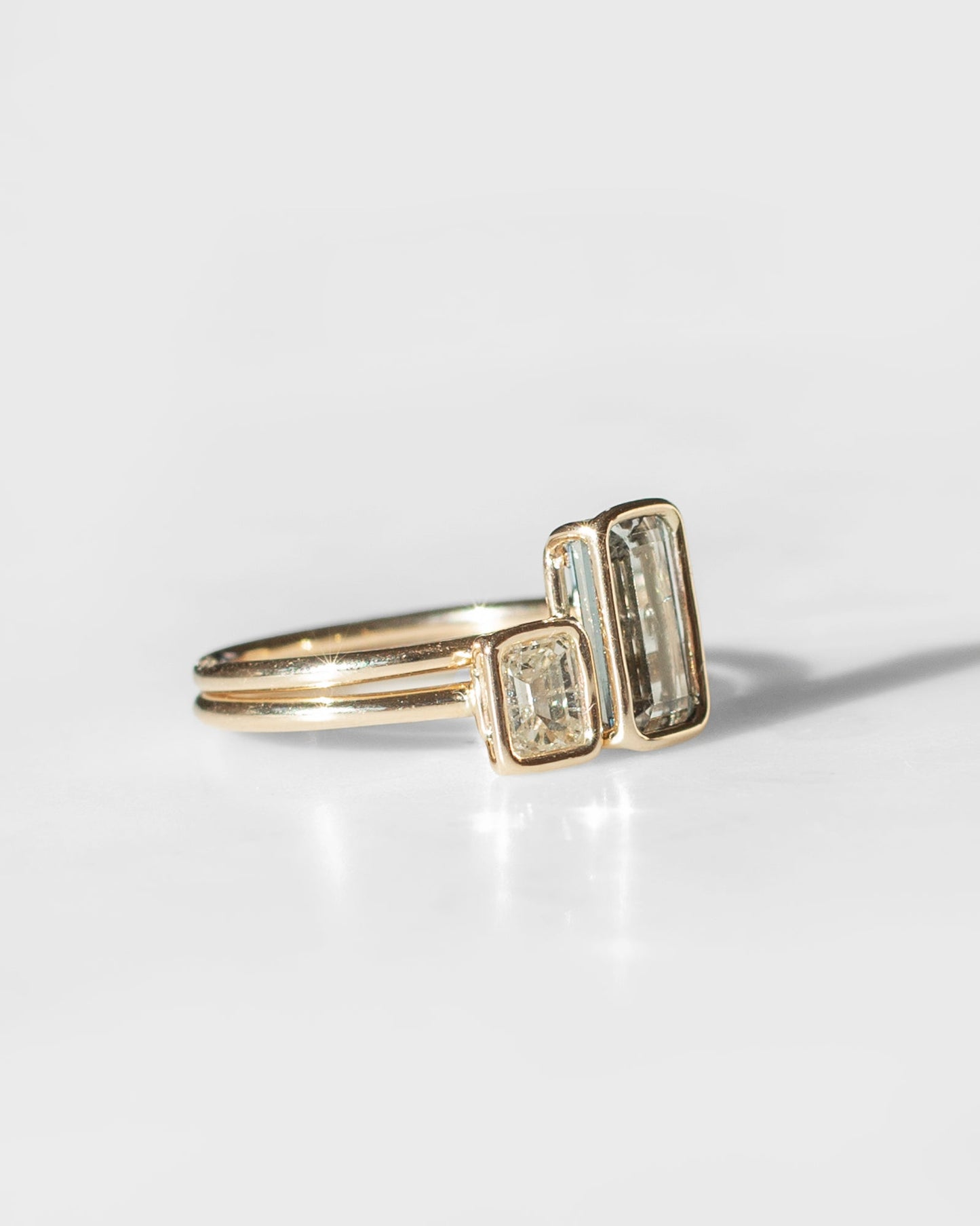 Blue Grey Tourmaline and Diamond Floating Rings in 14K