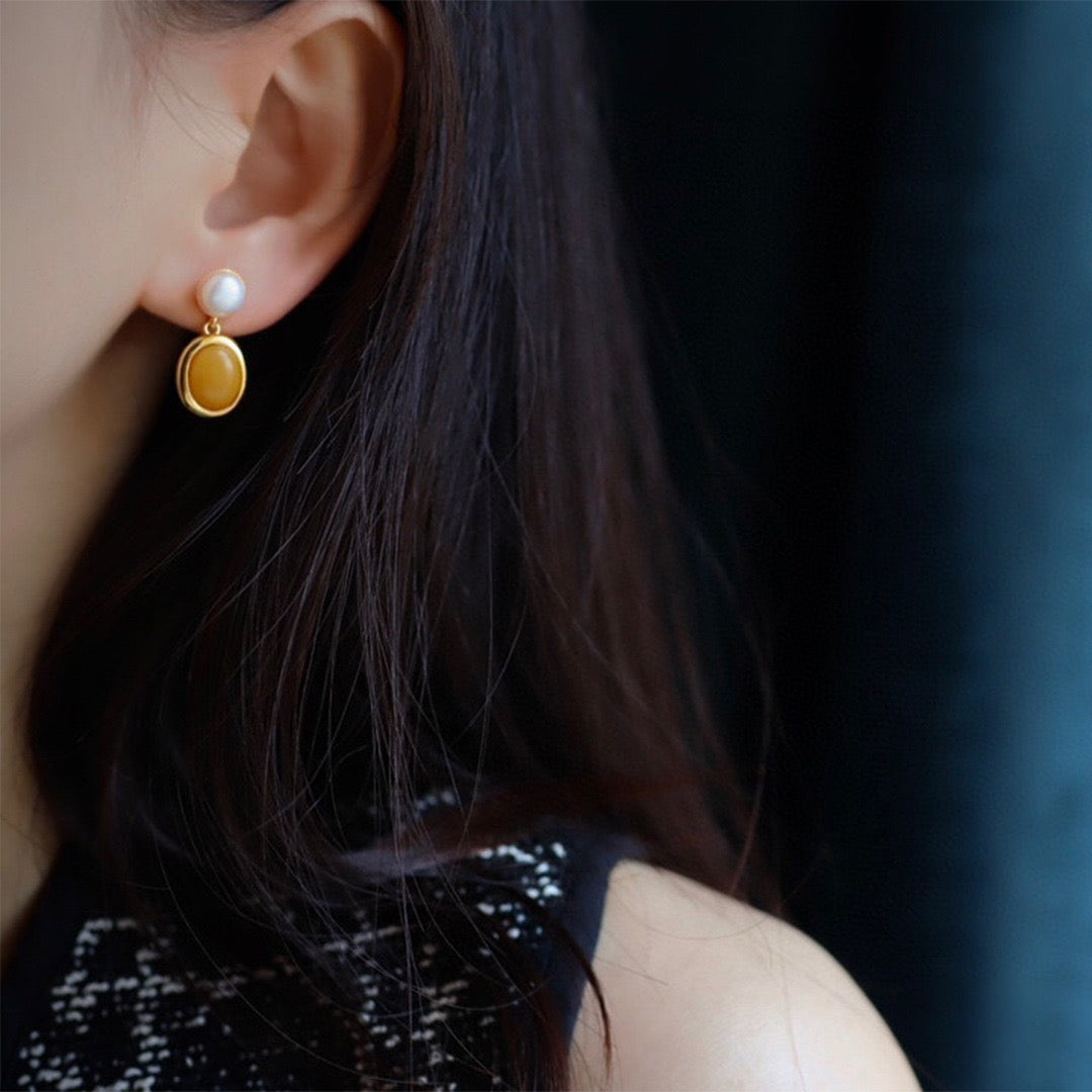 Amber and Pearl Drop Earrings in Natural Style