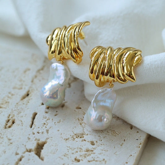 Unique Irregular Striped Baroque Pearl Earrings