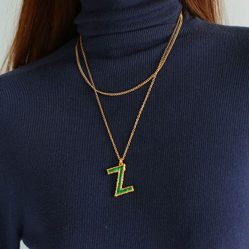 Green Letter Zirconia Necklace for Individual Purchase