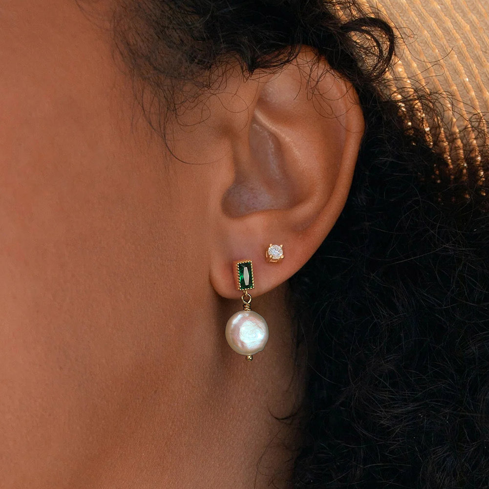 Emerald Zirconia Button Pearl Earrings