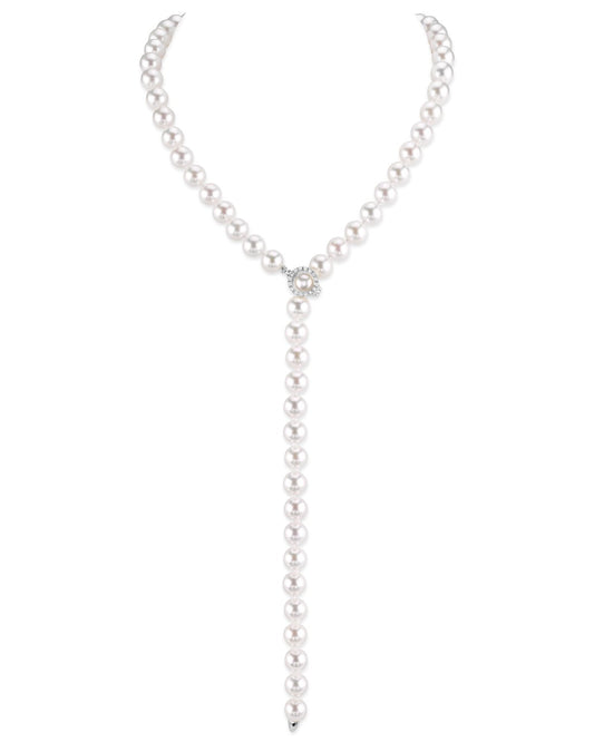 White Freshwater Pearl and Diamond Y-Shape Necklace 2