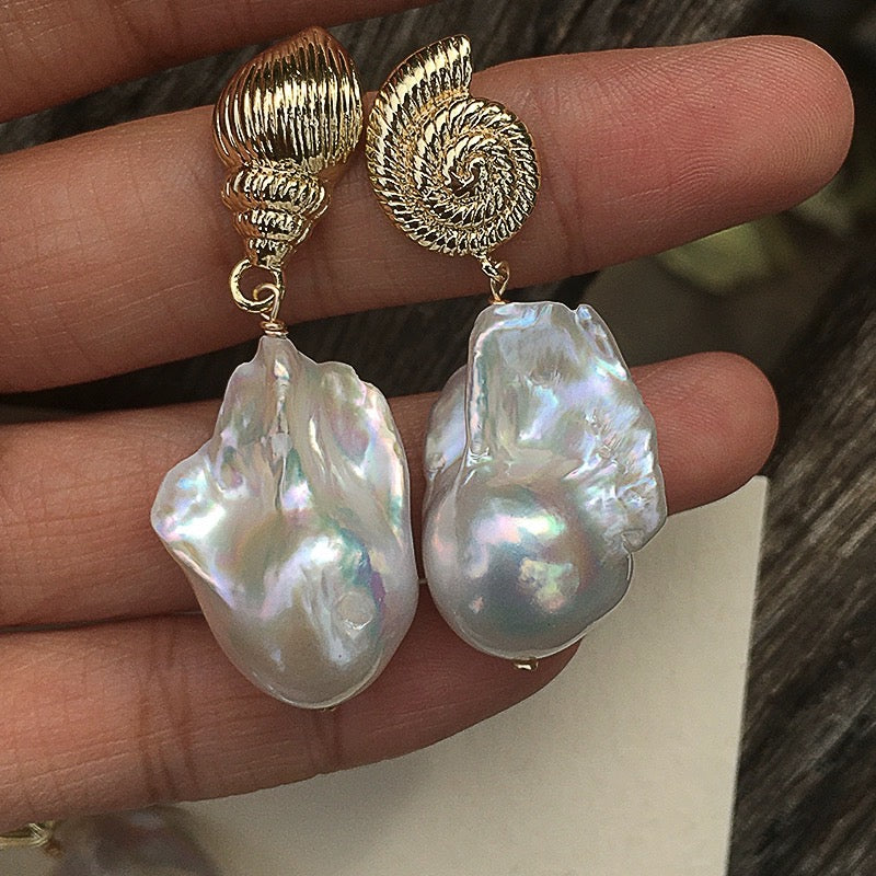 Shell Conch Baroque Pearl Earrings