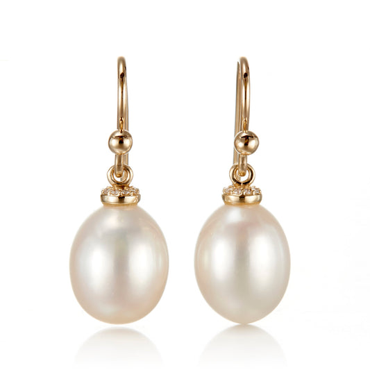 Pearl Drop Earrings with Diamond Cap