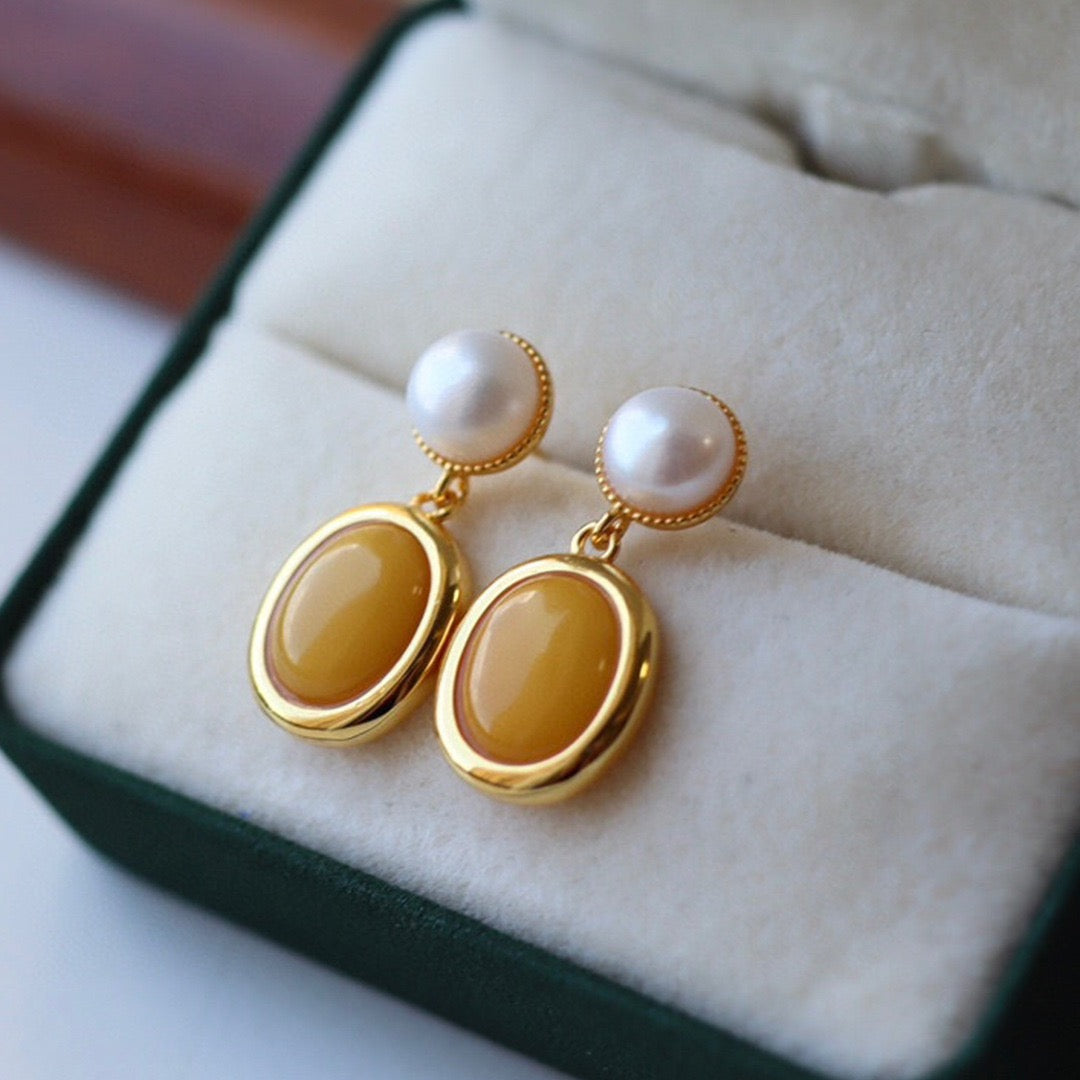 Amber and Pearl Drop Earrings in Natural Style