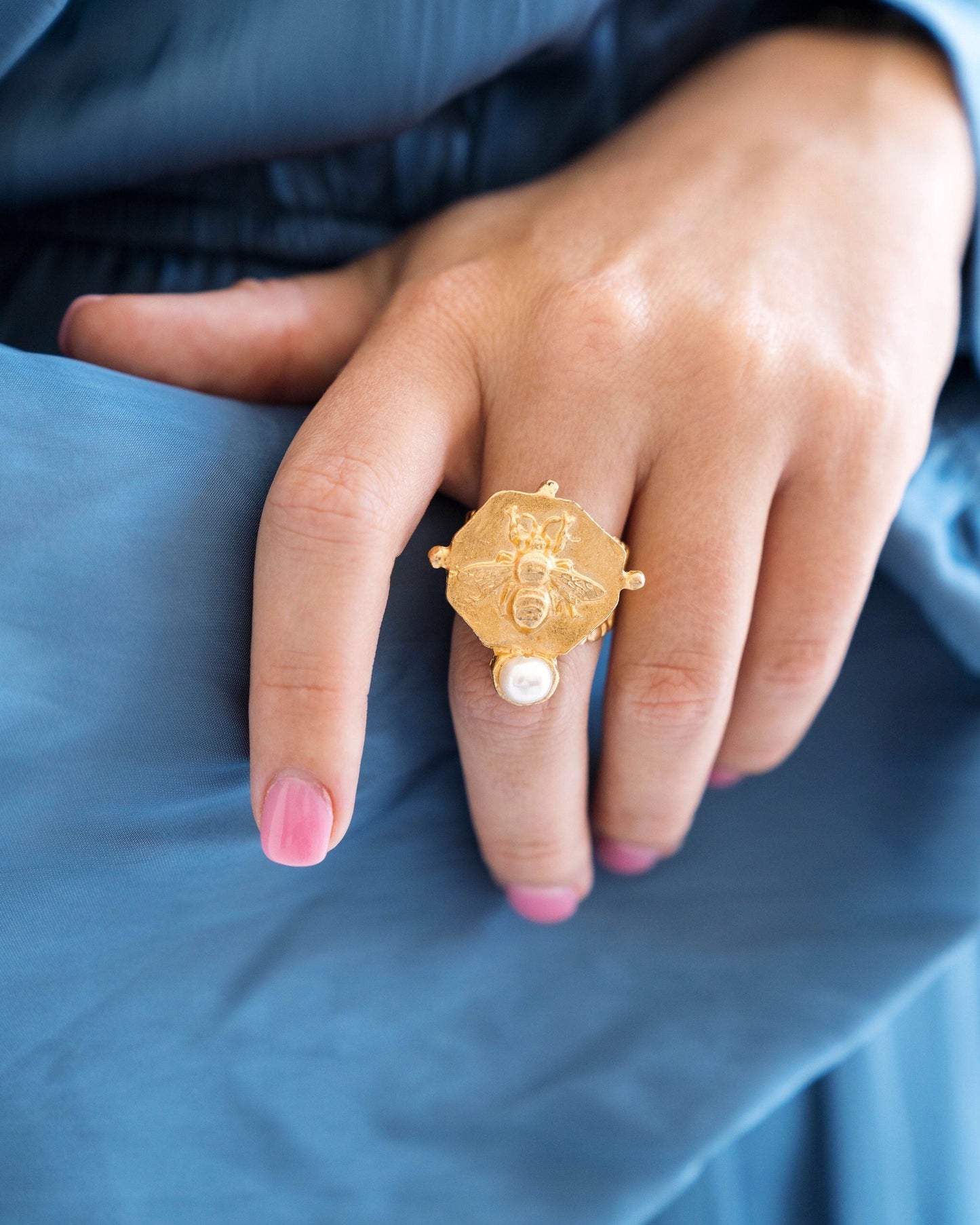 Pearl Ring with Bee Design